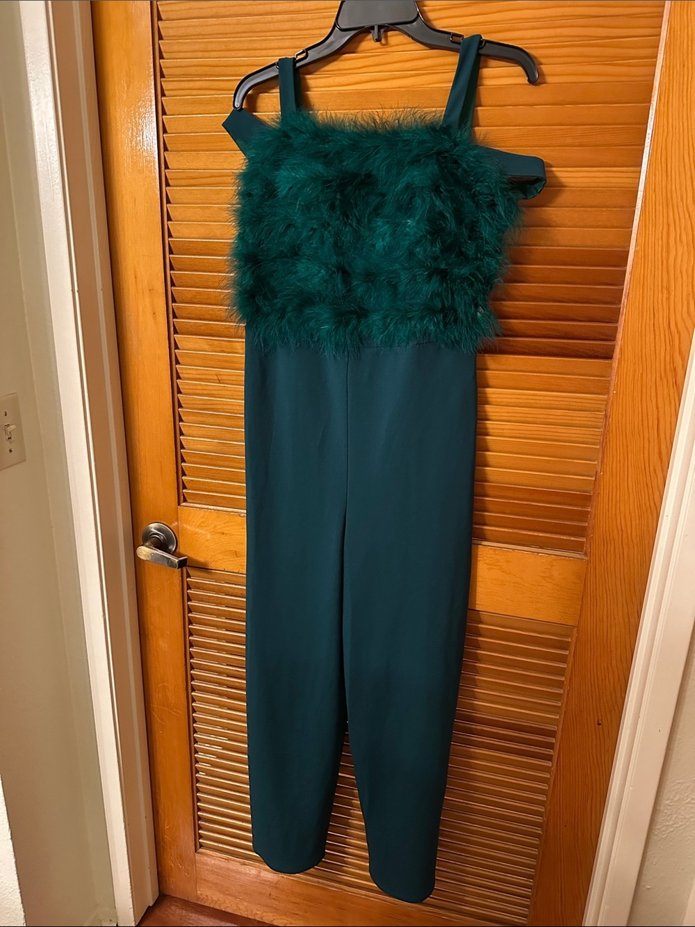Feather-Trim Teal Strap Jumpsuit